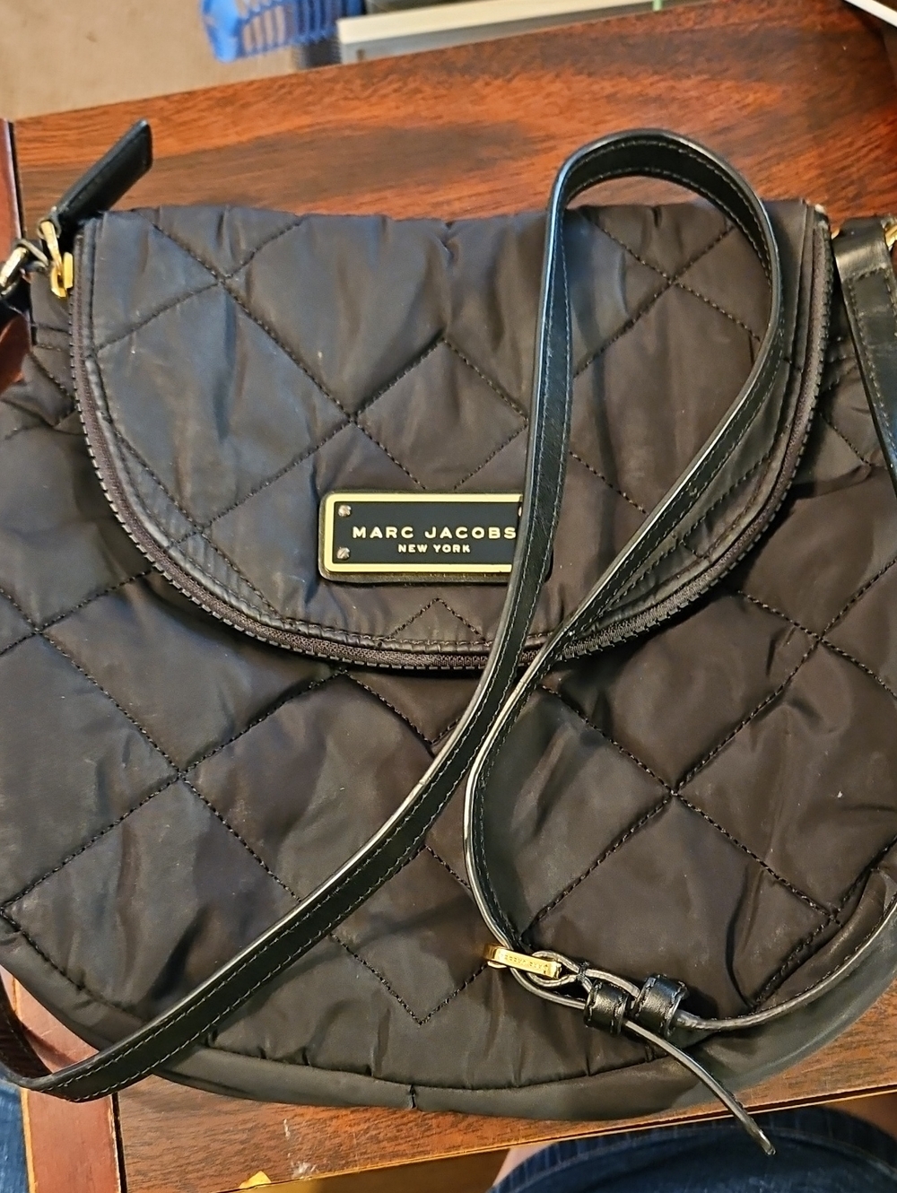 Marc Jacobs Black Quilted Nylon Crossbody with Gold Plaque